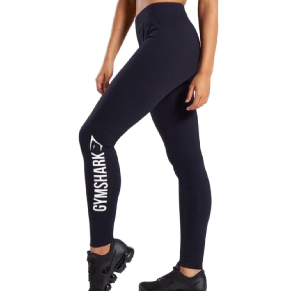 Gymshark Stretchy Waistband Logo Leggings Black White Gym Workout Yoga Small - Picture 1 of 8